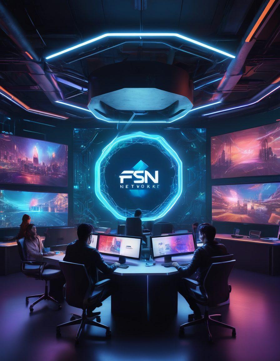 A futuristic workspace with a glowing FSN Network logo in the center, surrounded by diverse creators engaging in content creation and streaming on high-tech devices. Bright screens displaying data analytics, vibrant graphics, and interactive elements symbolize enhanced success. A dynamic, collaborative atmosphere filled with creativity and innovation. cyberpunk. vibrant colors. 3D.