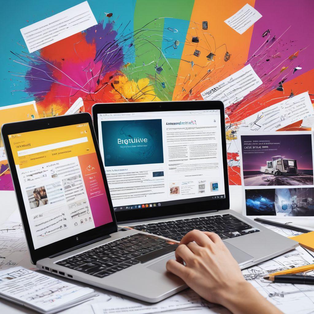A dynamic collage featuring a laptop opened to a digital journal with vibrant video clips playing, icons of storytelling elements like a camera, microphone, and notebook swirling around. In the background, abstract representations of engagement metrics and audience feedback, symbolizing connection and interaction. A bright, uplifting color palette to evoke creativity and inspiration. super-realistic. vibrant colors. 3D.