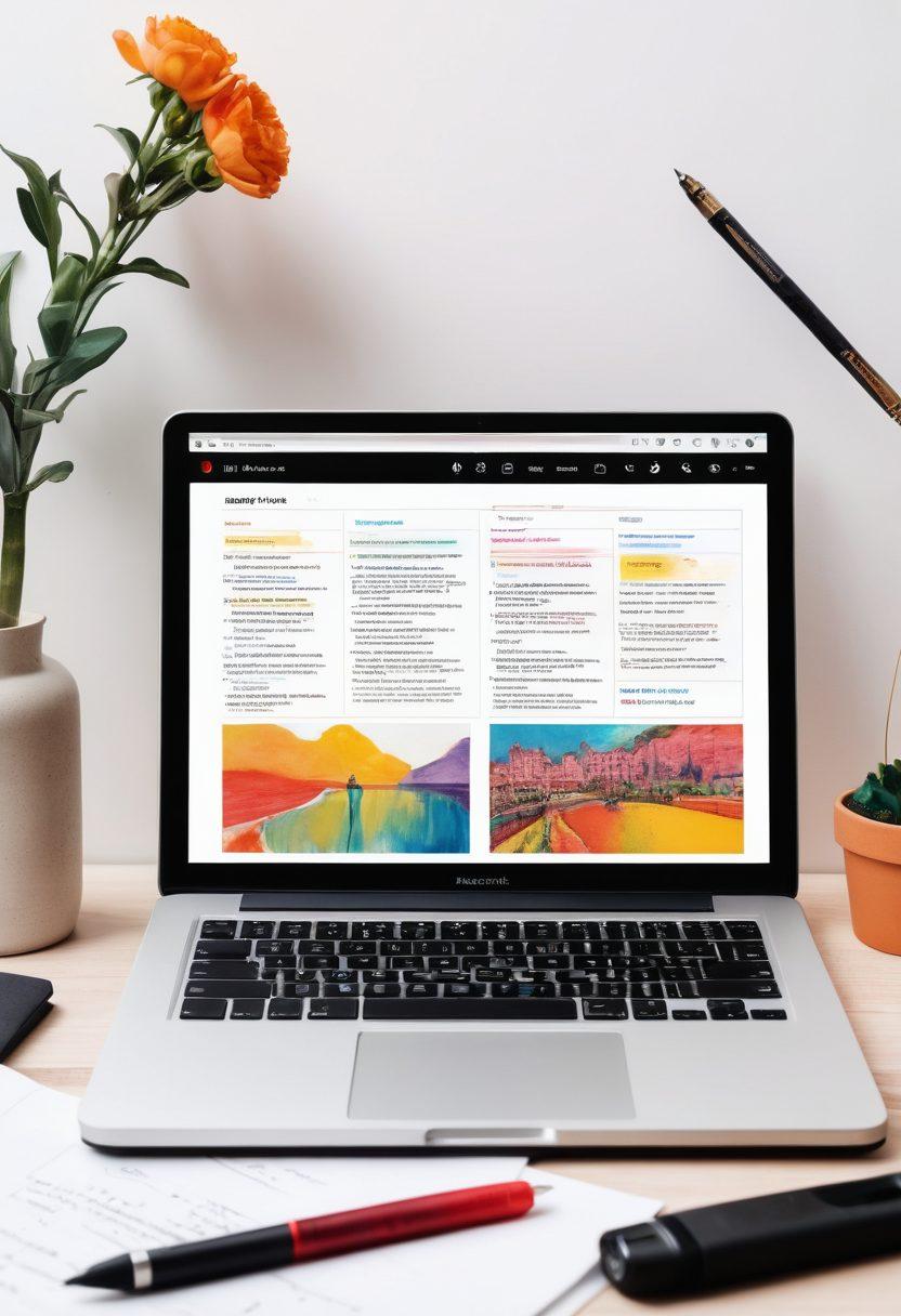 A vibrant split-screen image showcasing a lively online journal on one side with colorful handwritten notes and sketches, and a captivating vlog setup on the other side featuring a high-quality camera, microphone, and bright studio lights. Include visual elements like engaging thumbnails and play buttons to represent video content. The background should convey a sense of creativity and inspiration with art supplies and a laptop. super-realistic. vibrant colors. white background.